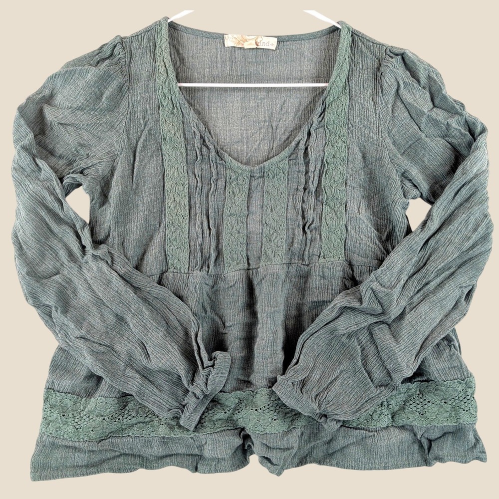 Rewind Sage Green Rayon Crinkle Gauze Lace Trim Peasant Blouse Womens S